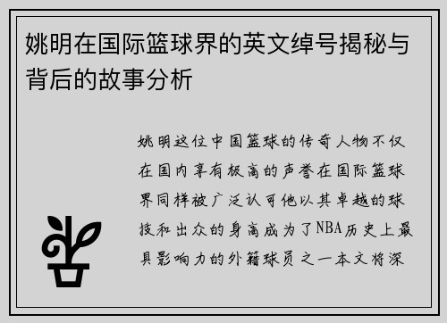 姚明在国际篮球界的英文绰号揭秘与背后的故事分析