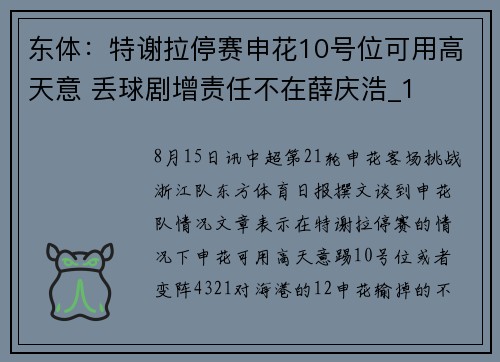 东体：特谢拉停赛申花10号位可用高天意 丢球剧增责任不在薛庆浩_1